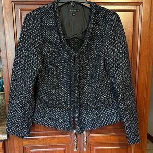 Women’s Black and White Tweed Blazer. Hook and eye front closure.